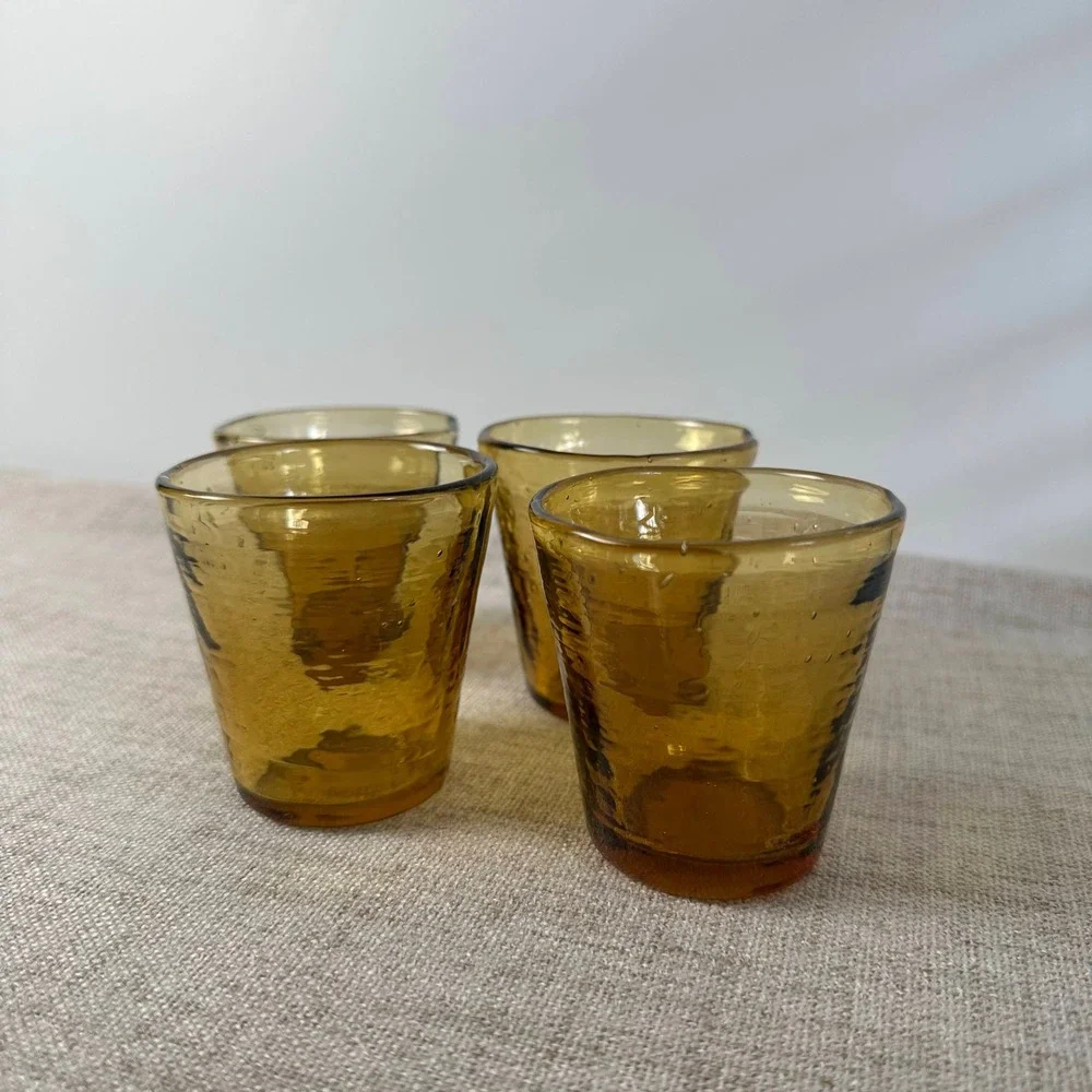 Hand Blown Amber Glass Petite Tumblers Set of 4 Pontil Bubble Art Glass Cups